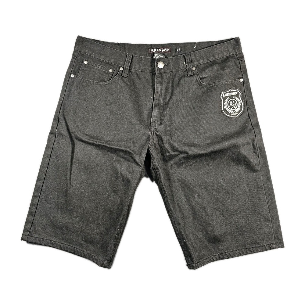 Red Ape Denim Shorts‎ Mens 38 Black Embroidered Crest Wave Stitch Pockets 13"